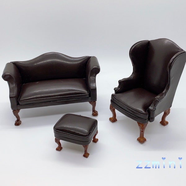 1/12 Sofa Dollhouse Miniature 2PCS For 1 Set Handcrafted Brown Artificial Leather Wing Armchair and Ottoman Footstool Furniture