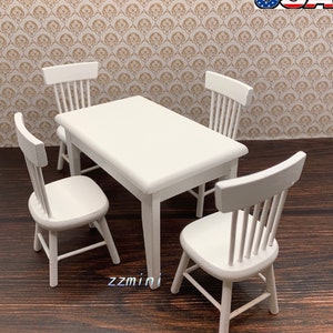 Dollhouse Miniature 1:12 White 5pcs Dining Room Square Table Chair Set Furniture