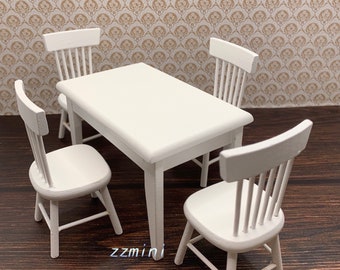 Dollhouse Miniature 1:12 White 5pcs Dining Room Square Table Chair Set Furniture