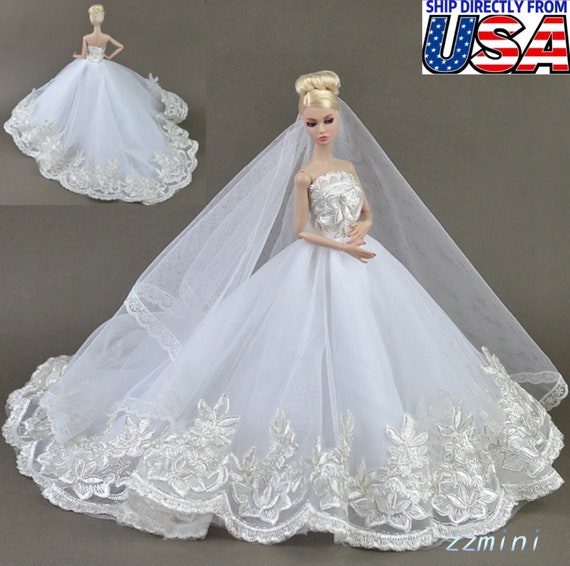 White Fashion Doll Wedding Dress For 11.5" Doll Outfits & Veil Doll Accessories 