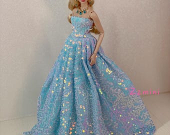 Baby Blue Party Wedding Dress for 11.5inch Fashion Doll Princess Gradient Color Long Evening Dresses 1/6 Doll Clothes