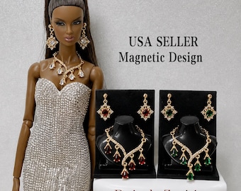 3PCS Handmade Fashion Doll Jewelry Rhinestones Red Earrings and Necklace Set Accessories