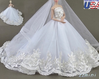 Pure White Wedding Gown Dress for 11.5inch Fashion Doll Princess Long Evening Dresses Doll Clothes 1/6 Toy