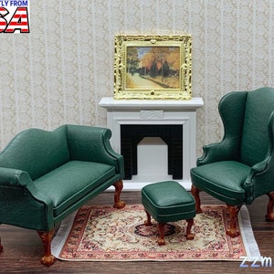 1/12 Sofa Dollhouse Miniature Handcrafted Green Artificial Leather Wing Armchair and Ottoman Footstool Furniture