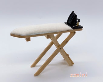 1:12 Miniature Dollhouse Wooden Vintage Victorian Ironing Board with Iron Clothes Heat Press Tool Antique Doll Bedroom Furniture Decoration