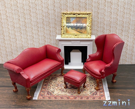 Set Di 3 Mobili Per Casa Delle Bambole - Divanetti In Tessuto A Righe In Scala 1:12, Per Soggiorno In Miniatura, Colore Rosso