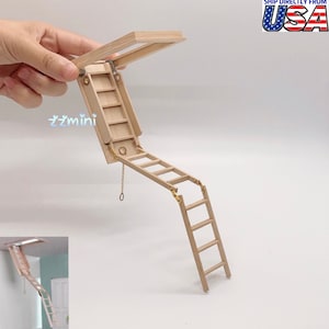 1/12 Dollhouse Miniatures Wood Opening Attic Stair Ceiling Folding Ladder OPEN SIZE 22.5CM