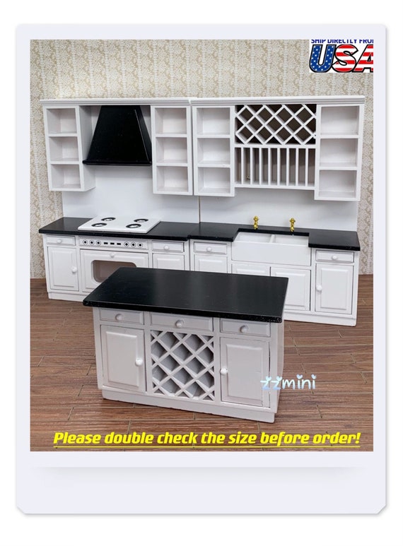 1:6 Scale Dollhouse Miniature Kitchen Wood Top White Cabinets