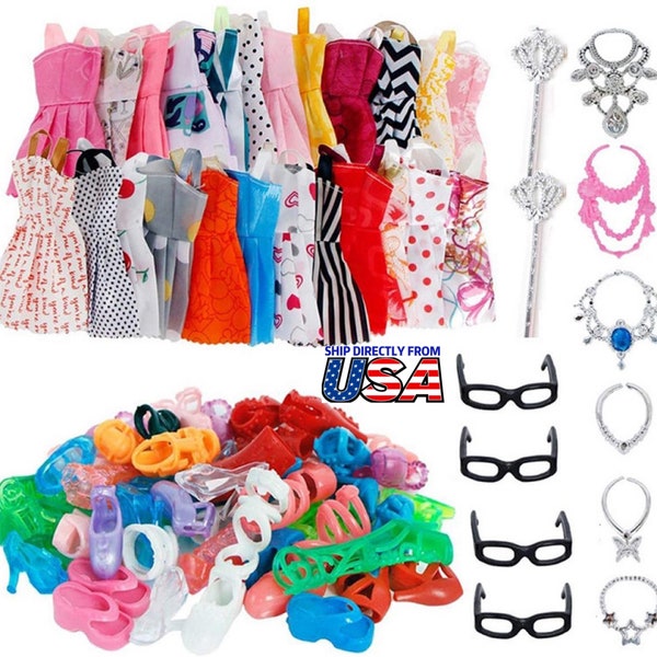 32PCS For Fashion Doll Party Dress Outfit Glasses Shoes Clothes Accessories Toys