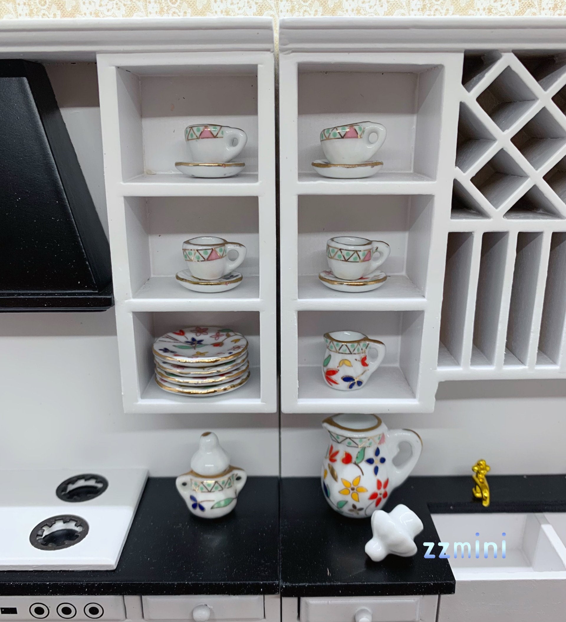 1:12 Ensemble de Thé Miniature de Maison de Poupée 15pcs Porcelaine Fleur Thé Tasse Décor Collection Jouets de Cuisine Accessoires de Maison de Poupée