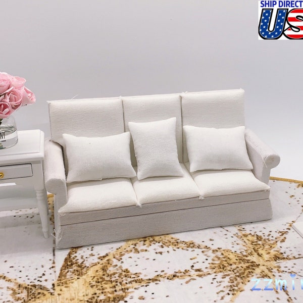 1/12 Dollhouse Miniature White Farmhouse Armchair Cloth Double Sofa Couch Model Furniture Decoration