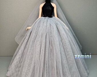 Fashion Doll Wedding Dress for 11.5in Long Evening Dresses Doll Clothes Black Grey Party Dress With Free Head Veil