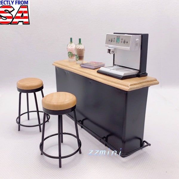 Miniature 1/12 Bar Counter 3PCS(1Table&2 Stools) Pub Dollhouse Furniture Taproom