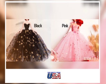 Pink or Black Star Wedding Gown Dress for 11.5inch Fashion Doll Princess Long Evening Dresses Doll Clothes 1/6 Toy