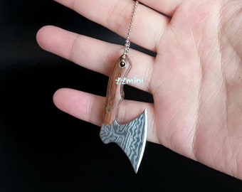 World Smallest Real Miniature Tiny Working Pocket Damascus Steel Axe Knife With Leather Sheath Pendant Keychain Tool