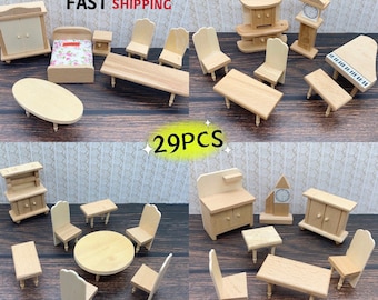 Casa de muñecas en miniatura para niños, 4 cajas (29 Uds. En total), conjunto de muebles de madera sin pintar, accesorios de juguete, 1/24