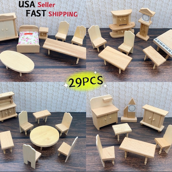 1/24 Dollhouse Miniature 4 Boxes（Totally 29PCS）Unpainted Wooden Furniture Set Accessories Toy For Kids Children