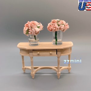 1/6 1/12 Dollhouse Miniature Light Pink Rose Flowers In Clear Water Glass Vase Arrangement Home Living Room Bedroom Decoration