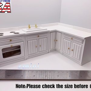 4pcs Kitchen set Dollhouse White Miniature Cupboard Corner Stove Sink Cabinet