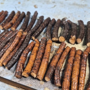 May include: An overhead shot displays numerous brown and tan root vegetables, possibly parsnips or similar, arranged on a light blue surface. The roots vary in color, with some appearing darker and others lighter, showcasing natural variations.