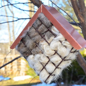 May include: A square birdhouse with a copper-colored roof and a wire mesh front filled with fluffy, light-colored nesting material. The birdhouse is hanging from a tree branch against a blurred background of trees and sky.