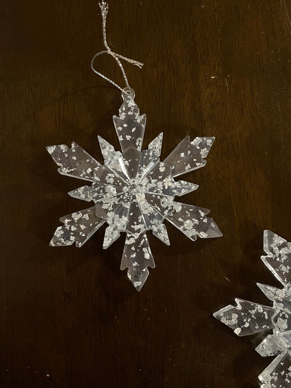12 Silver Flake Snowflake Resin Christmas Ornaments