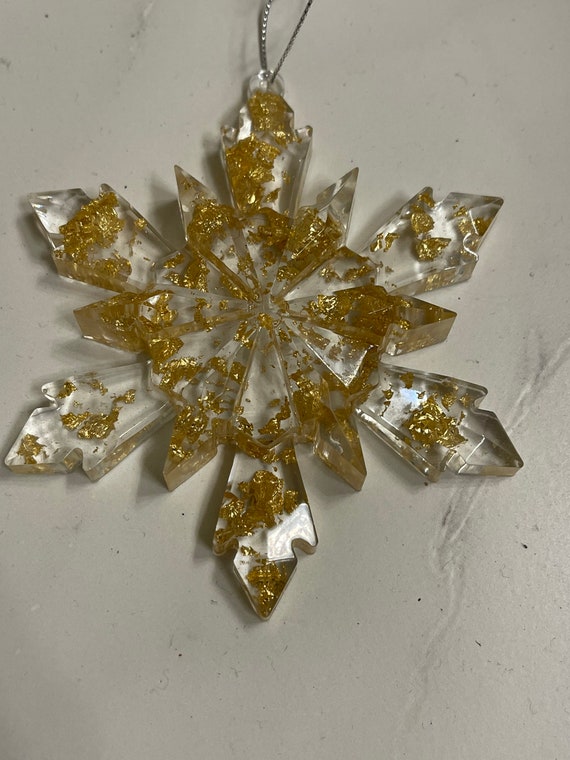 12 Clear and Gold Flake Snowflake Christmas Ornaments