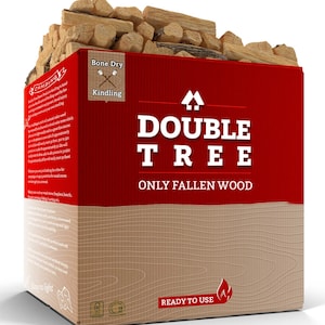 May include: A red cardboard box with the words "Double Tree" and "Only Fallen Wood" printed on it. The box is filled with bone dry kindling wood. The box is labeled "Bone Dry Kindling" and "Ready to Use".