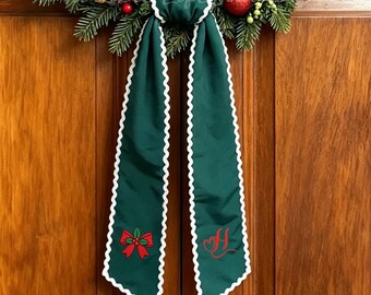 Red Bow & Monogram Embroidered Christmas Wreath Sash,Christmas Front Door Decor,Embroidered Holiday Sash,Christmas Gift,Holiday Door Decor