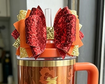 Karol G Tumbler Straw Bow,Red Orange Yellow Gold Leather Bow for Tumbler Straw,Drink Cup Straw Bow,Handmade Straw Bow Tumbler Accessories