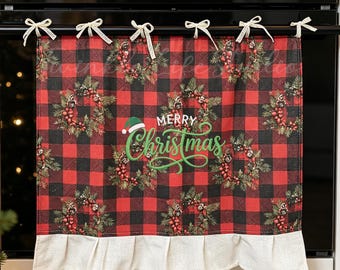 Merry Christmas Embroidered Christmas Wreath Print Ruffle Trim Oven Curtain,Christmas Oven Skirt,Kitchen Oven Curtain for Built-in Oven,Gift