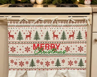 Merry Christmas Embroidered Ruffle Trim Oven Curtain,Christmas Tree Reindeer Print Oven Skirt,Kitchen Oven Curtain for Built-in Oven,Gift