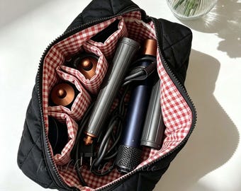 Embroidered Travel Makeup Bag,Quilted Hair Tool Organizer Bag,Custom Cosmetics Storage Bag,Curling Iron Protective Case with Compartments