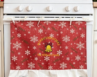 Snowflake Print Ruffle Trim Oven Curtain with Embroidered Christmas Tree,Christmas Oven Skirt,Kitchen Oven Curtain for Built-in Oven,Gift