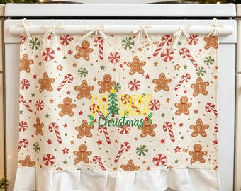 Gingerbread Man Lollipop Print Oven Curtain with Ruffle Trim,Family Embroidered Christmas Oven Skirt,Kitchen Oven Curtain for Built-in Oven
