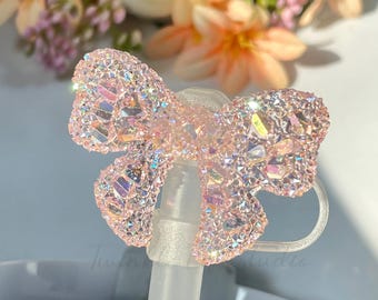 Glitter Pale Pink Bow Straw Topper,Coquette Bow Straw Topper,Pink Druzy Bow Straw Cover,Bow Straw Topper for Cherry Blossom Peony Tumbler