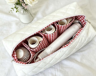White Quilted Hair Tool Organizer Bag with Custom Name,Embroidered Travel Hair Tool Storage Bag,Hair Tool Protective Case with Compartments