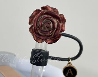 Red-Brown Rose Flower Straw Topper,Drink Tumbler Accessories,Tyla Tyger,Mesa Rose Collection,Polished Rose Gold,Chocolate,Black Snakeskin