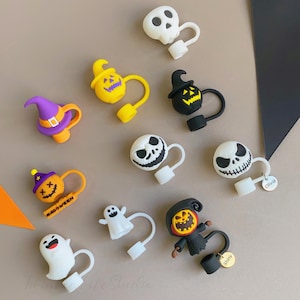 Halloween Theme Straw Topper,Halloween Evil Skull/Witch Hat/Ghost/Pumpkin Straw Topper,Halloween Tumbler Straw Cover,Tumbler Accessories