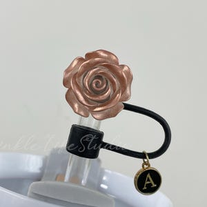 Rose Gold Rose Flower Straw Topper,Straw Cover,Drink Cup Tumbler Accessories,Copper Tinsel/Polished Rose Gold/Mesa Rose Collection Straw Cap