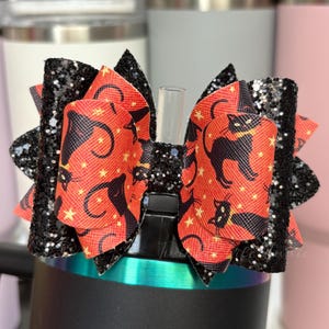 Halloween Black Cat Bow for Tumbler Straw Topper,Glitter Bow Tumbler Straw Topper Bow,Tumbler Accessories,Black Chroma Tumbler Straw Bow