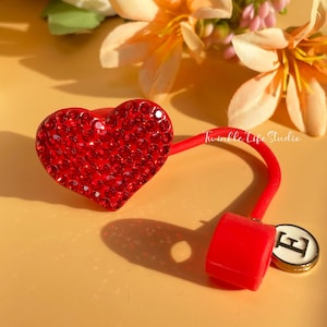 Shiny Red Rhinestone Heart Straw Topper,Cute Ruby Hearts Straw Cover,Valentine Gifts Tumbler Straw Cap ,Chili Red Water Tumbler Straw Topper