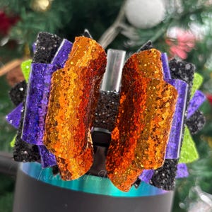 Halloween Bow for Tumbler Straw Topper,Purple & Orange Glitter Tumbler Straw Topper Bow,Tumbler Accessories,Black Chroma Tumbler Straw Bow