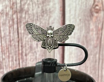 Słomkowa nakładka na kubek z motywem ćmy śmierci, Gotycki pokrowiec na słomkę, Akcesoria do nakładek, Dekoracja ze słomki Deadly Damask/Spellcast Black