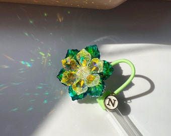 Blingbling Green Crystal Flower Straw Topper,Shining Crystal Flower Straw Covers Cap for Women,30/40oz Drink Cup Tumbler Accessories Gifts