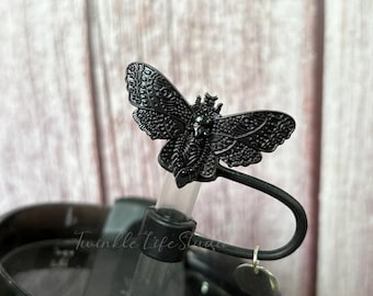 Adorno para pajita de vaso con diseño de polilla calavera damasco mortal, tapa de pajita de vaso con diseño de polilla gótica, accesorios para vasos de Halloween, decoración de pajita negra Spellcast