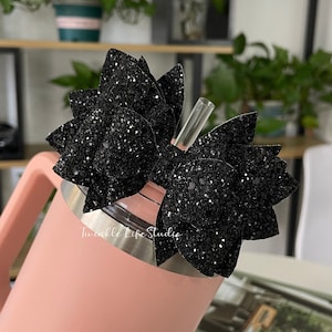 Super Sparkling Black Tumbler Bow,Shiny Black Glitter Straw Topper Bow,Handmade Glittery Bow for Tumbler Accessories,Straw Bow Topper  Gifts