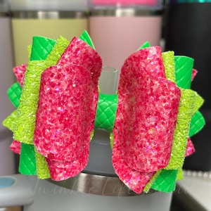 Coral and Lime Green Glitter Shiny Bow Straw Tumbler Topper Bow,Watermelon Summer Green Tumbler Straw Bow,Hibiscus Bow for Tumbler Straw
