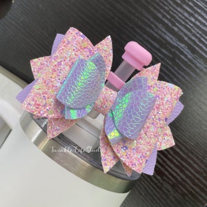 Funkelnde Meerjungfrau Lila Rosa Stroh Trommelschleife,Twinkle Glitter Stroh Topper Schleife,handgefertigte Schleife für Becherzubehör,Strohschleife Topper Geschenke