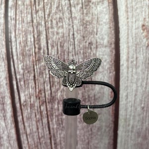 May include: A silver-colored moth-shaped bottle stopper with a skull design. The stopper has a black loop and a small, round charm that says "Sophia". The bottle stopper is on a clear tube. The background is a wooden surface.